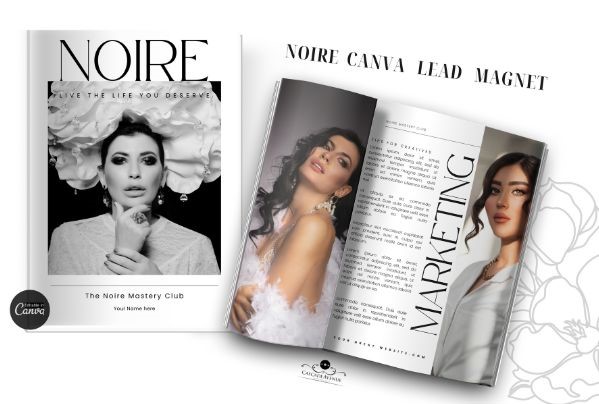 MaggieLamarre Noire Magazine. Various page designs included in the Noire Luxe Magazine Canva Template, featuring a table of contents, content pages, offer pages, and thank you pages.